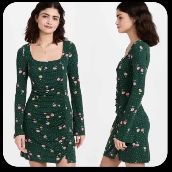 🆕 FREE PEOPLE Celia Floral Square Neck Long Sleeve Dress - Picture 4 of 5